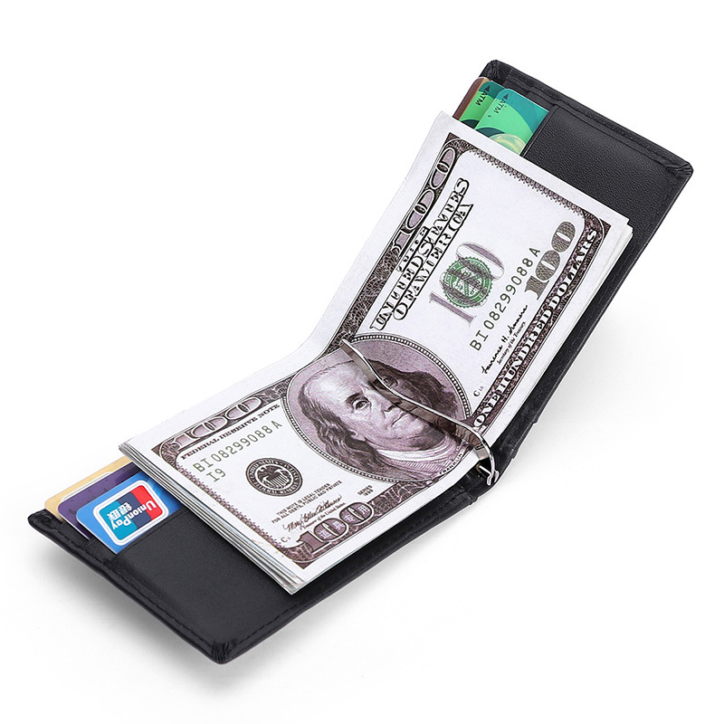 歐美外貿橫款真皮錢包男士金屬美金夾短款多功能牛皮RFIG防磁錢夾