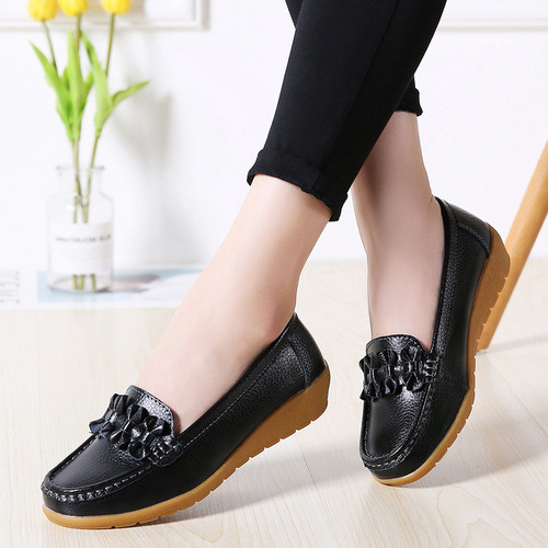  New Women's Single Shoes Genuine Leather Flat Handmade Single Shoes for Women with Flowers Mother Shoes Soft Sole Comfortable Casual Women's Shoes