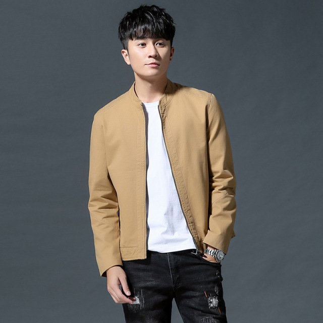 Men’s stand collar solid color washed leather coat in spring and Autumn