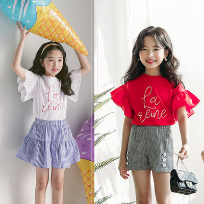 韩版女童印字母荷叶边短袖夏款纯棉娃娃衫花边袖T恤亲子装|ru