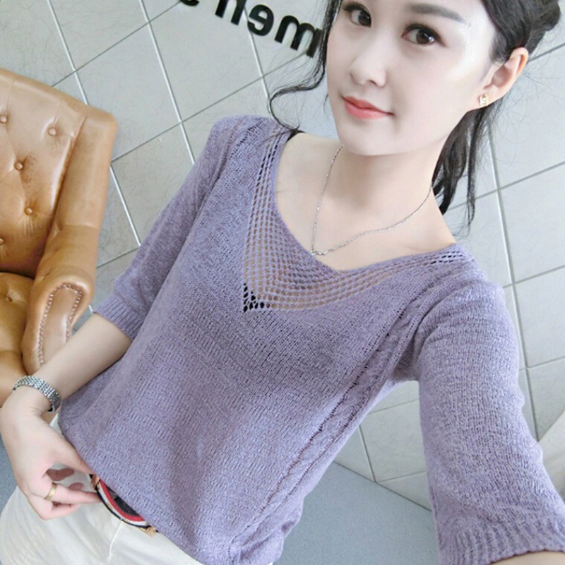 2020 summer new hollow half-sleeved knit shirt female wild top Korean version of the loose thin wire bottoming shirt
