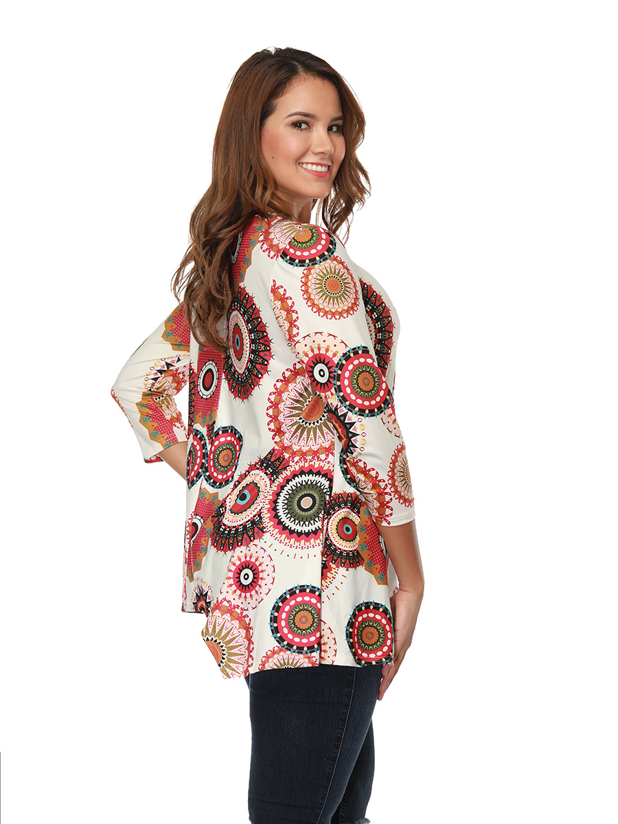 Fall Floral Print Top Polka Dot Round Neck Asymmetrical Design Casual Wear Wholesale Available
