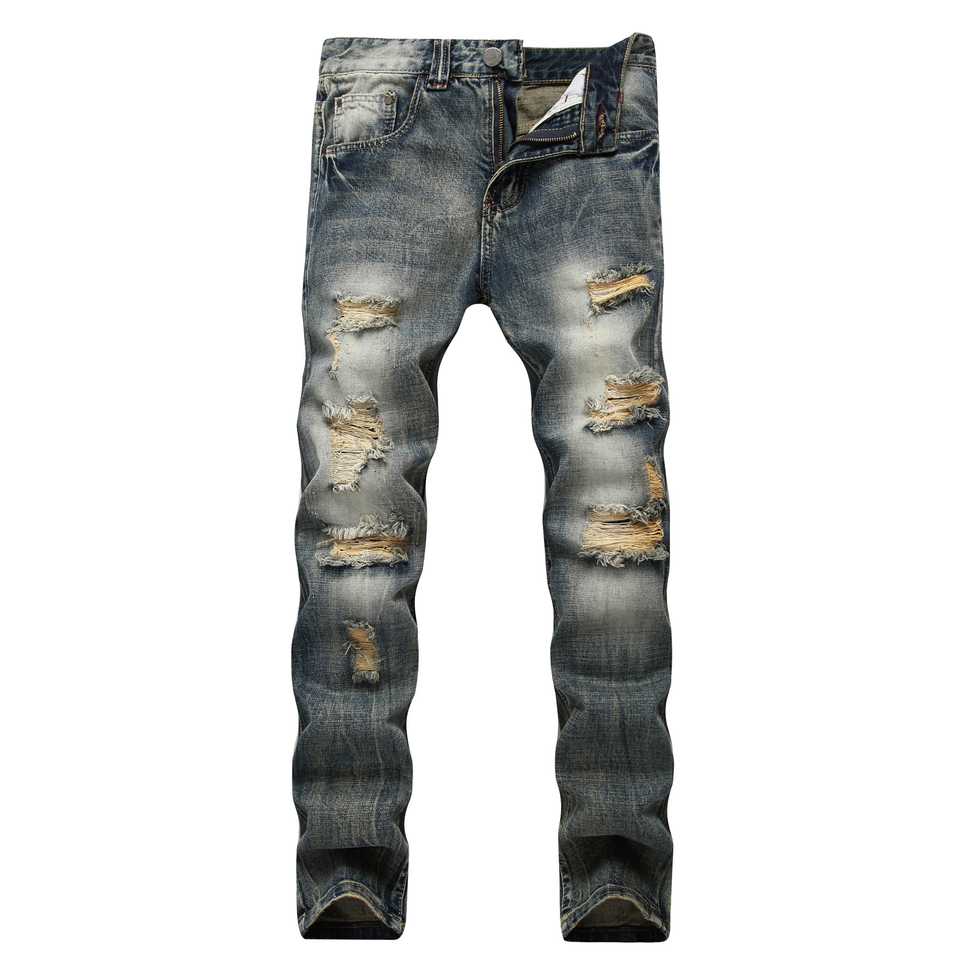 boy Cross-Border Exclusive Foreign Trade Ripped European And American Fashion Slim Fit Trendy Straight Men's Jeans_viptrois.com