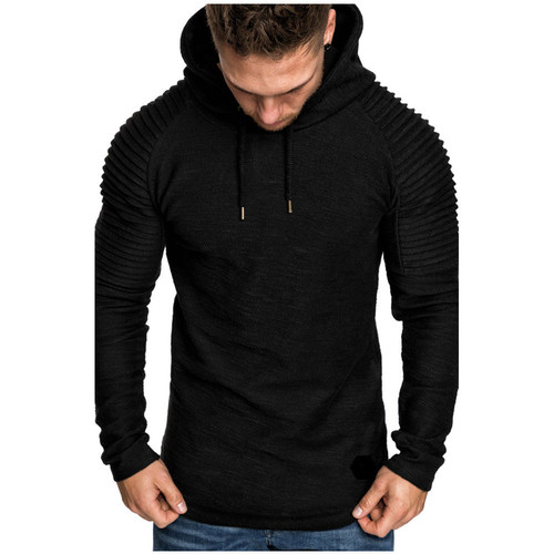 Men's round neck slim solid color hooded long-sleeved sweatshirt striped pleated raglan sleeves for men