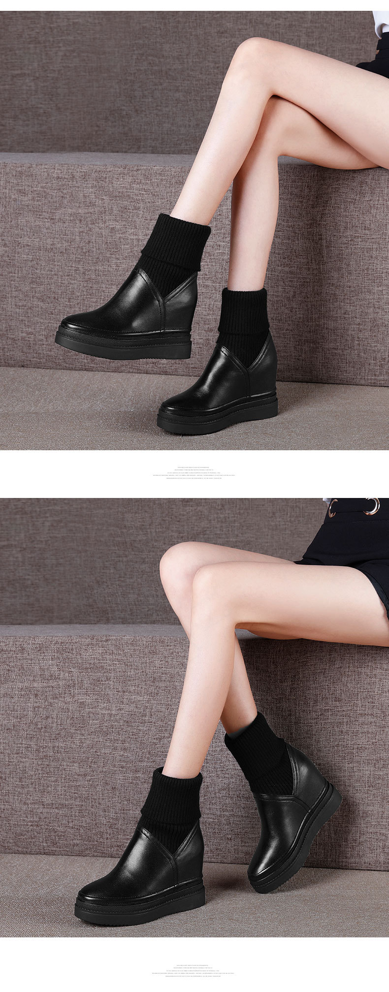 Giày boot nữ cổ thấp phong cách Hàn Quốc, tăng chiều cao, dốc gót, dễ phối đồ — Màu nâu lót nhung chi tiết 1