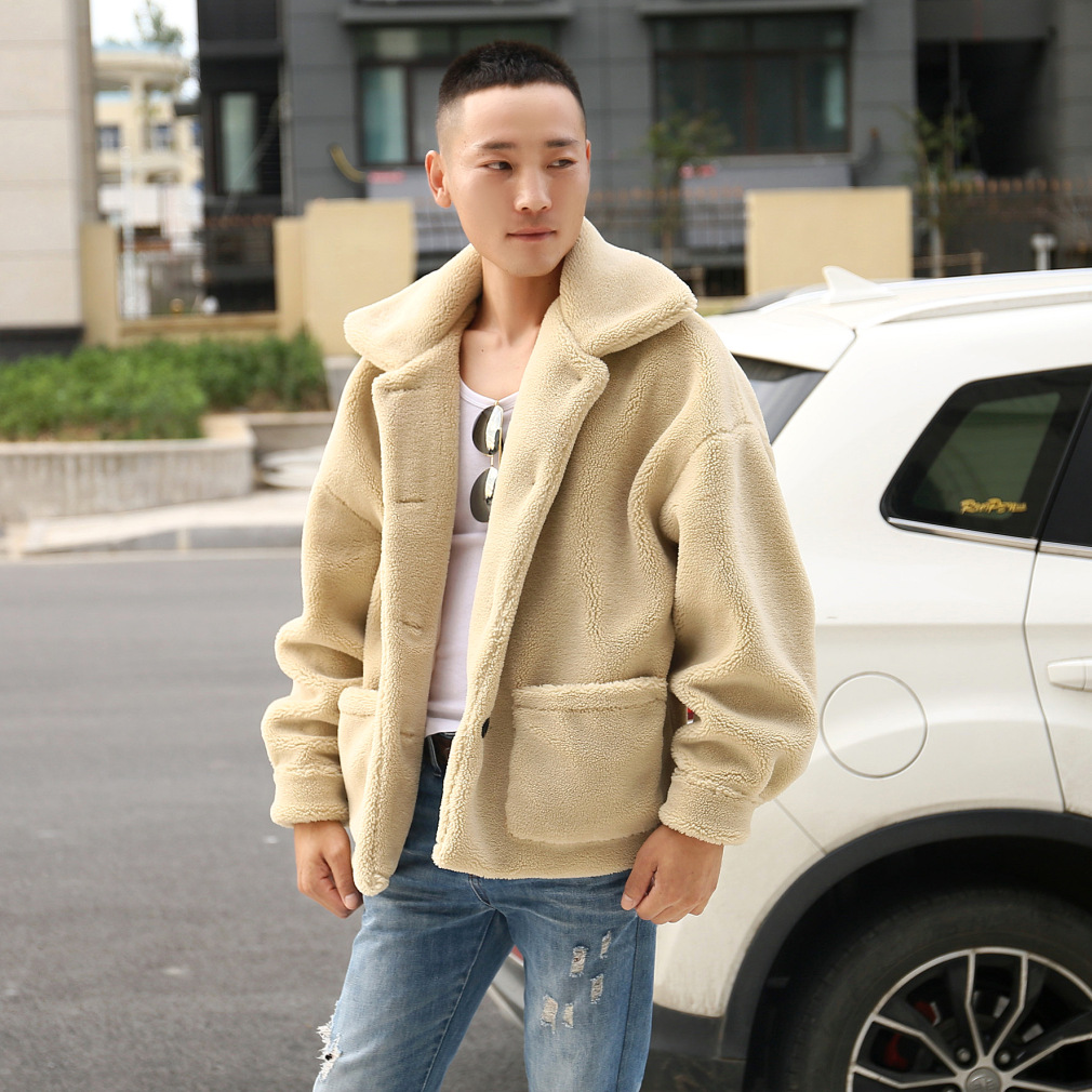 冬季仿皮草外套男韓版潮流羊羔毛寬松短款羊剪絨加厚時尚翻領夾克