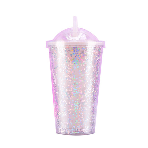 Wholesale Factory Ice Cube Cup Creative Student Double Layer Cup Korean Style with Straw Water Cup Fresh Graffiti Stars Plastic Cup