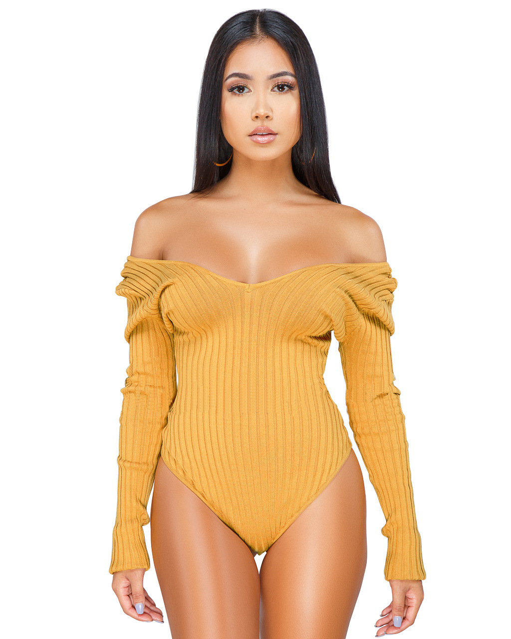 fashion sexy deep V-neck long-sleeved pit strip bodysuit NSSJW58920