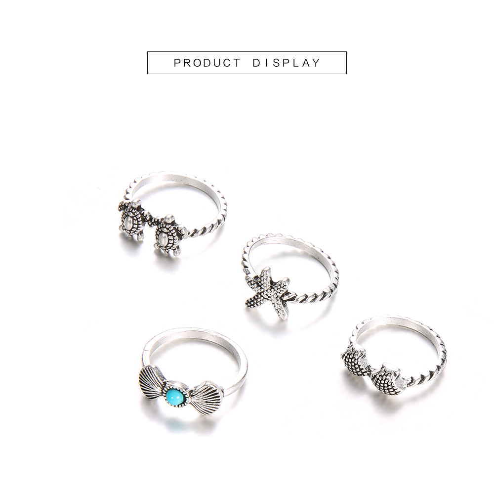 10g Weight Beach Tortoise Starfish Shell Alloy Inlay Turquoise Women's Rings