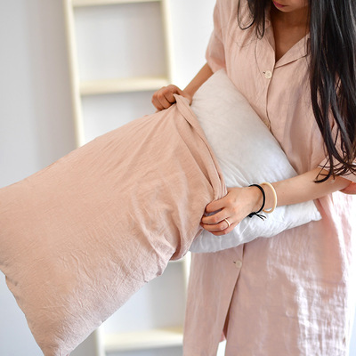 法國純亞麻枕套壹對意大利仿舊印染純色簡約單人信封枕頭套