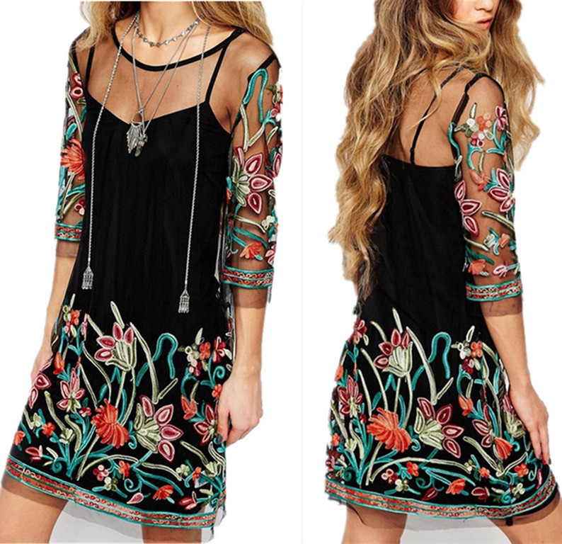 Black Embroidered Mesh Dress Slim Fit Sheer Design Elegant Style Perfect for Autumn Events Wholesale Available