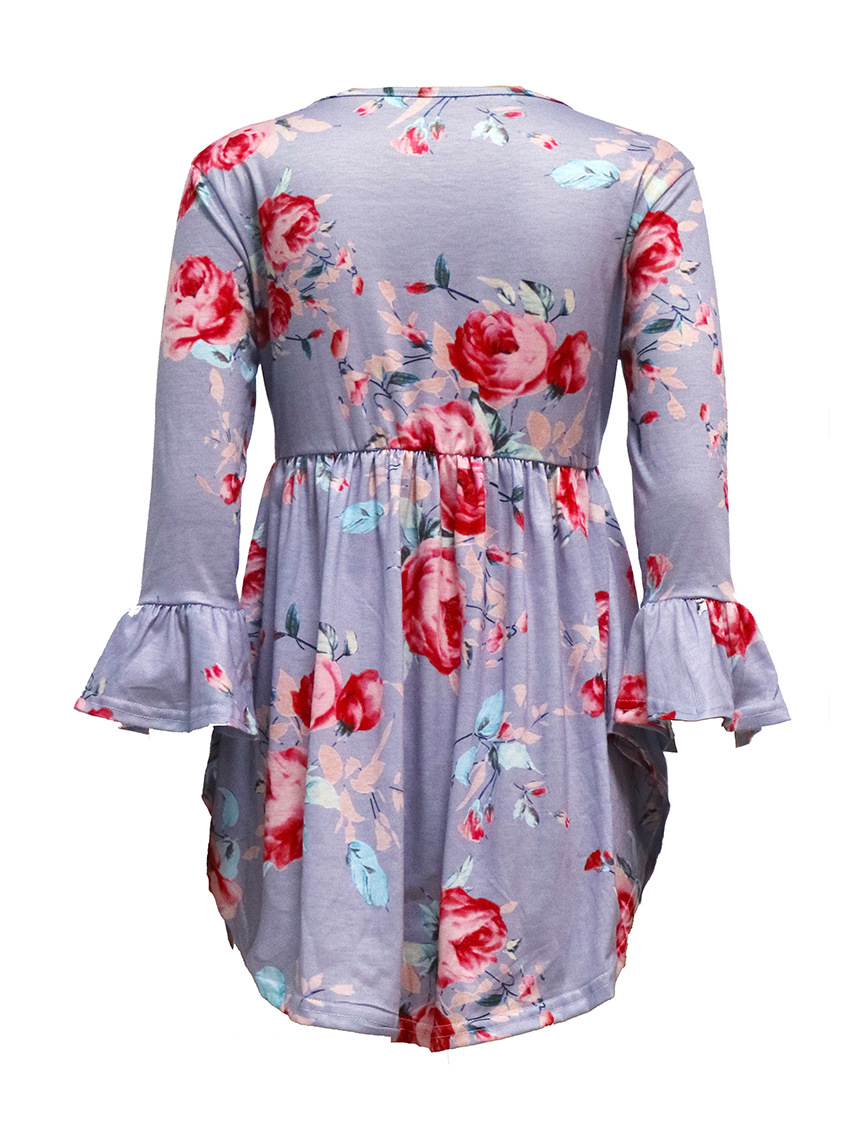 Floral Print Doll Top Sexy Design Three Quarter Bell Sleeves Round Neck Autumn Fashion Wholesale Available