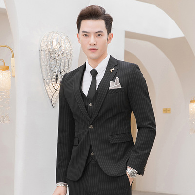 商務休閑西裝 紳士時尚修身韓版男士正裝 壹粒扣宴會條紋西服批發