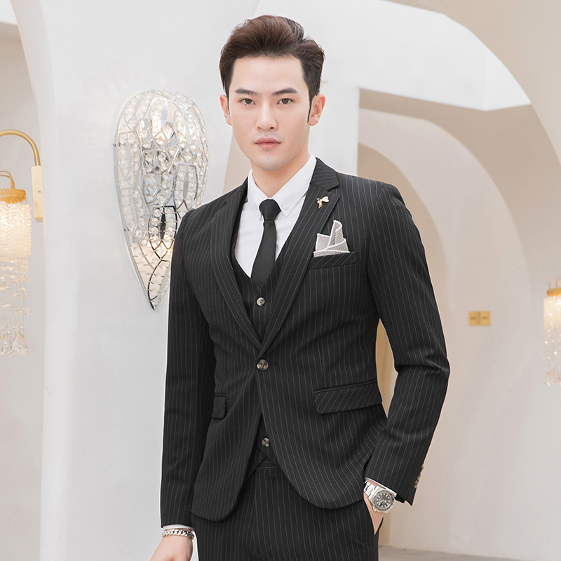 商務休閑西裝 紳士時尚修身韓版男士正裝 壹粒扣宴會條紋西服批發