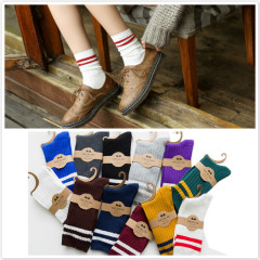 秋冬新品日系堆堆襪女襪二條槓雙針學院風中筒女襪棉質襪子批發