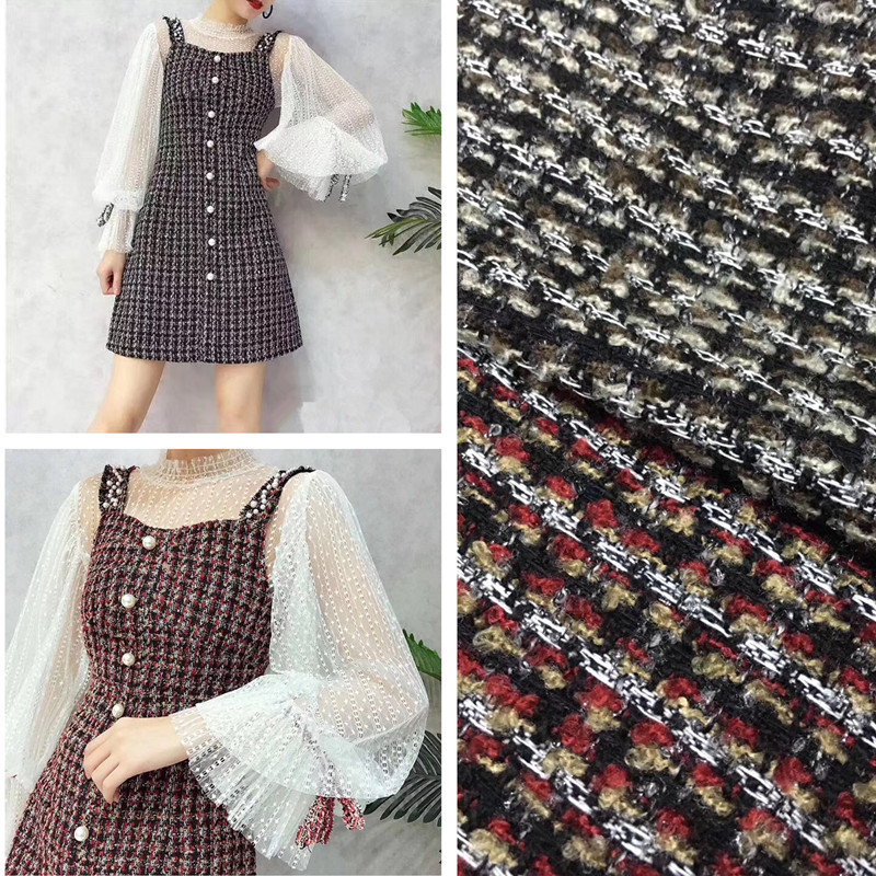 供应小香风粗纺格子毛呢布料 银丝编织花式呢大衣布 裙子套装呢料