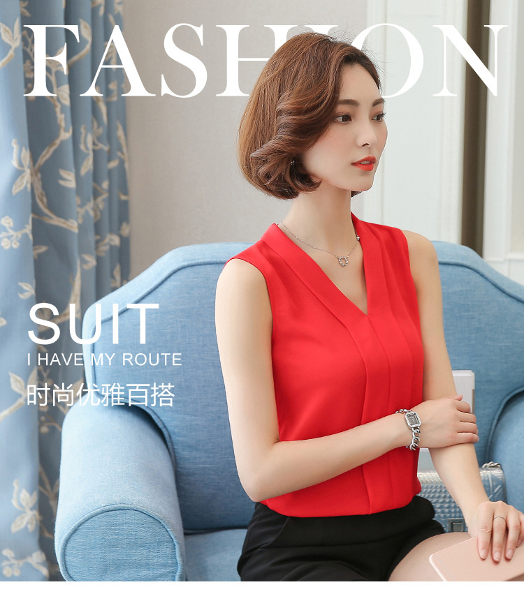 外贸雪纺衫女2022夏季新款时尚背心 V领无袖大码打底女装上衣衬衫详情2