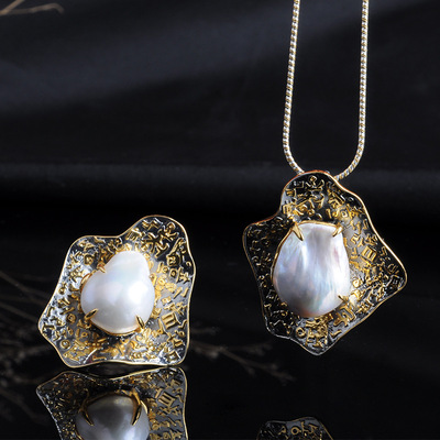 珠寶首飾套裝 意大利工藝創意新款 925銀鑲嵌珍珠吊墜 戒指巴洛克