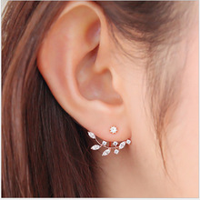 韩版新款时尚流行饰品 镶钻水晶后挂式树叶耳钉 树枝锆石女耳环