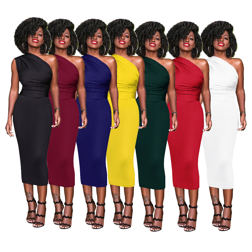 Women Clothing Solid Color Sexy off-Shoulder Dress