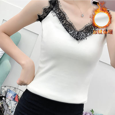 网纱女装打底衫蕾丝V领修身t恤纯棉无袖蕾丝纯色背心女吊带背心女