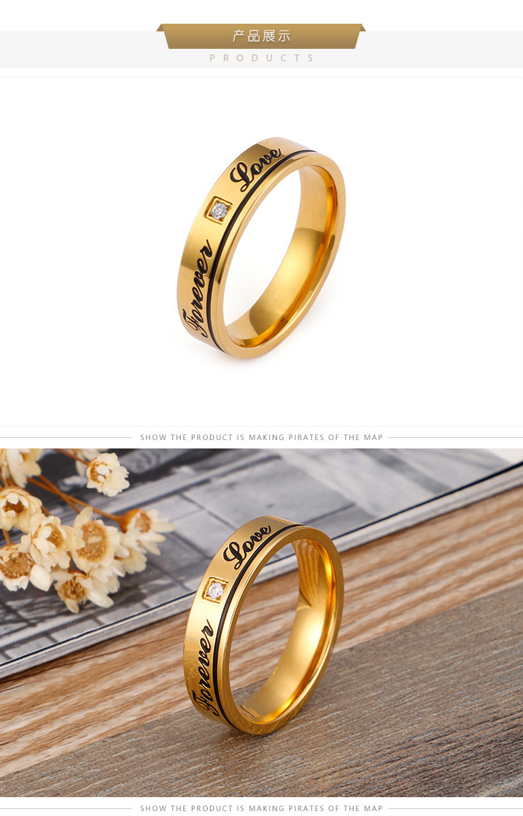 Foreign Trade Titanium Steel 18k Real Gold Fashion English Eternal Love Zircon Couple Ring display picture 3