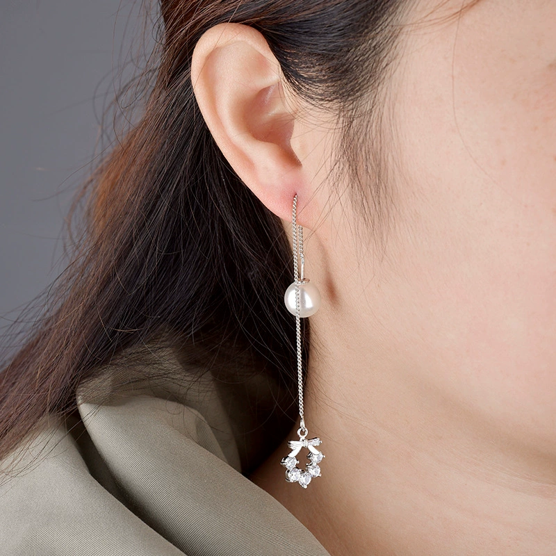 Серебряная игла, серьги, длинные гипоаллергенные цирконии с бантом и кисточками, образец 925 пробы серебра