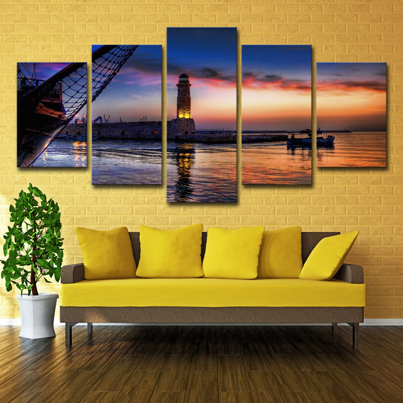 Cross-border cross-border Aliexpress Wall Art decorative frame picture 5 pieces sunset lighthouse sea level landscape