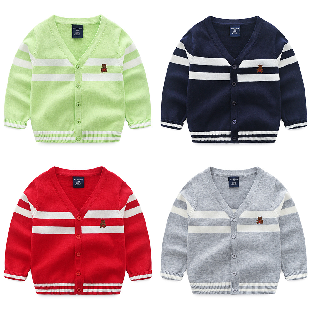 2018春款外貿原單品牌童裝男童兒童繡花卡通條紋開衫毛衣線衣批發