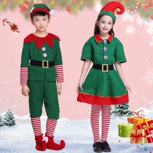 Christmas costumes children's Christmas elf costume cosplay parent-child costume festival adult men's and women's green Christmas costume