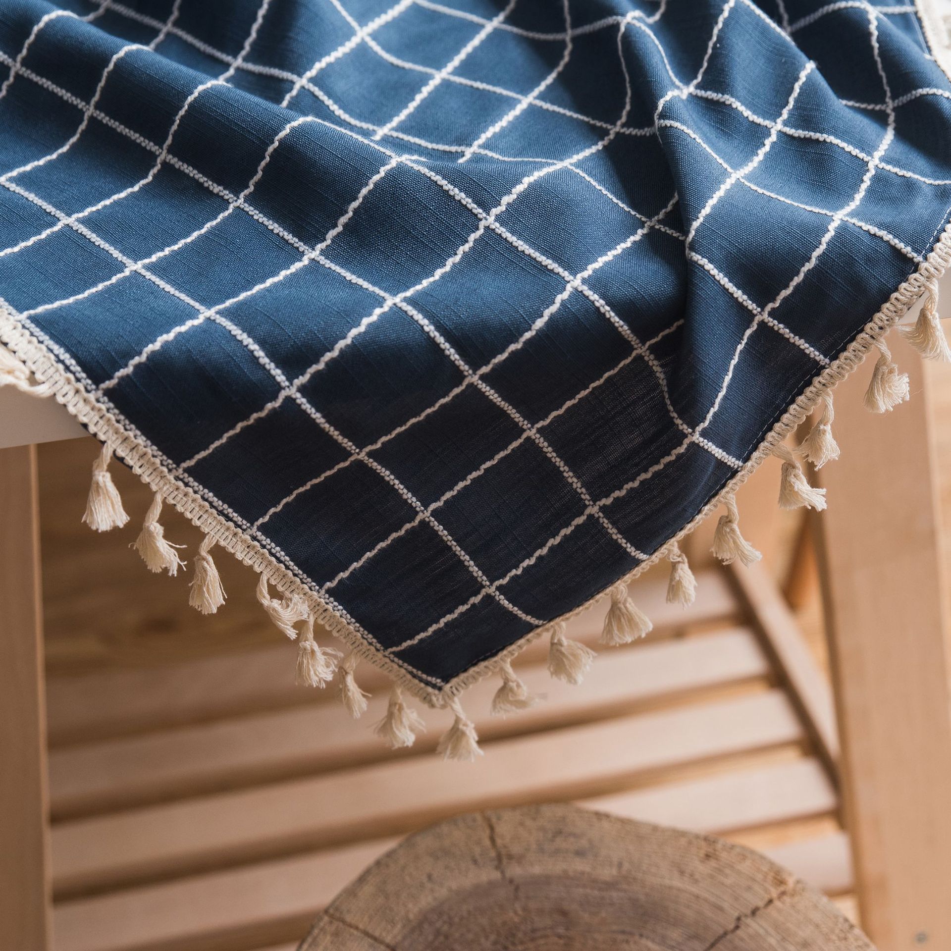 格子绣花简约桌布纯色棉麻小清新布艺流苏长方形茶几餐桌文艺