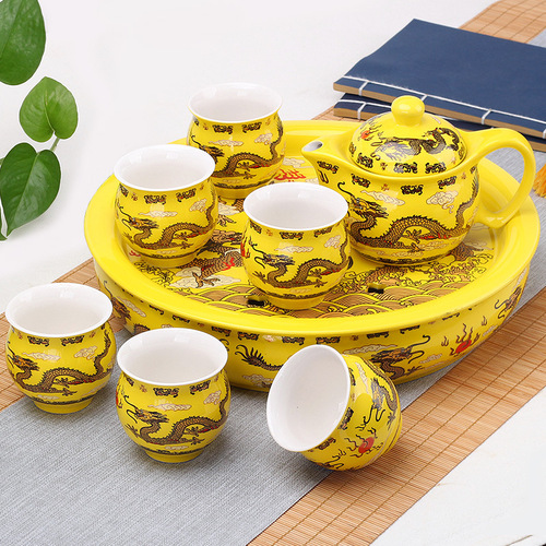 Double-layer insulated ceramic complete set, Kung Fu tea set, teapot, teacup, ice cracked Ru kiln tea tray, black tea, blue and white porcelain