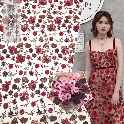 春夏女装多色涤纶丝刺绣蕾丝面料 立体电脑绣花亮片满幅花边面料|ms