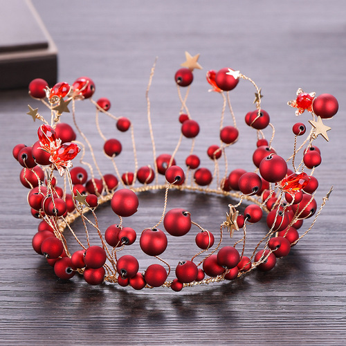 Hairpin hair clip hair accessories for women Crown red pearl crown performance wedding headdress birthday circle crown hair ornament