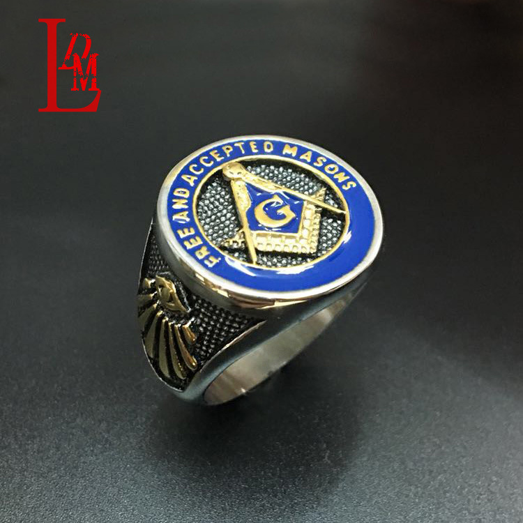 2018新款共济会戒指 蓝色滴胶电镀金色不锈钢手饰 厂家现货批发