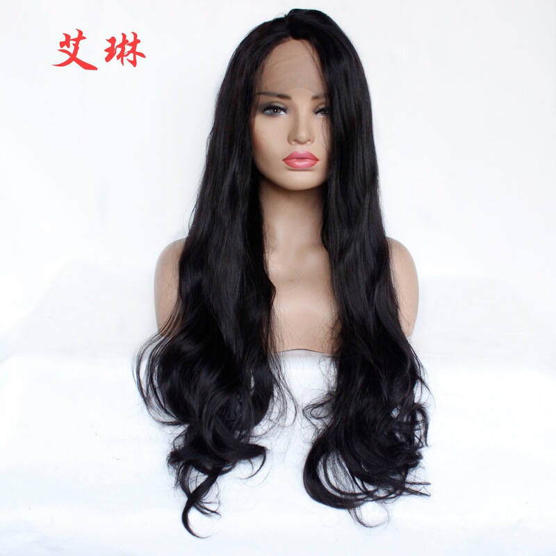 European and American women's dark brown long wavy long curly hair wig chemical fiber front lace half hand woven head cover high temperature silk wig