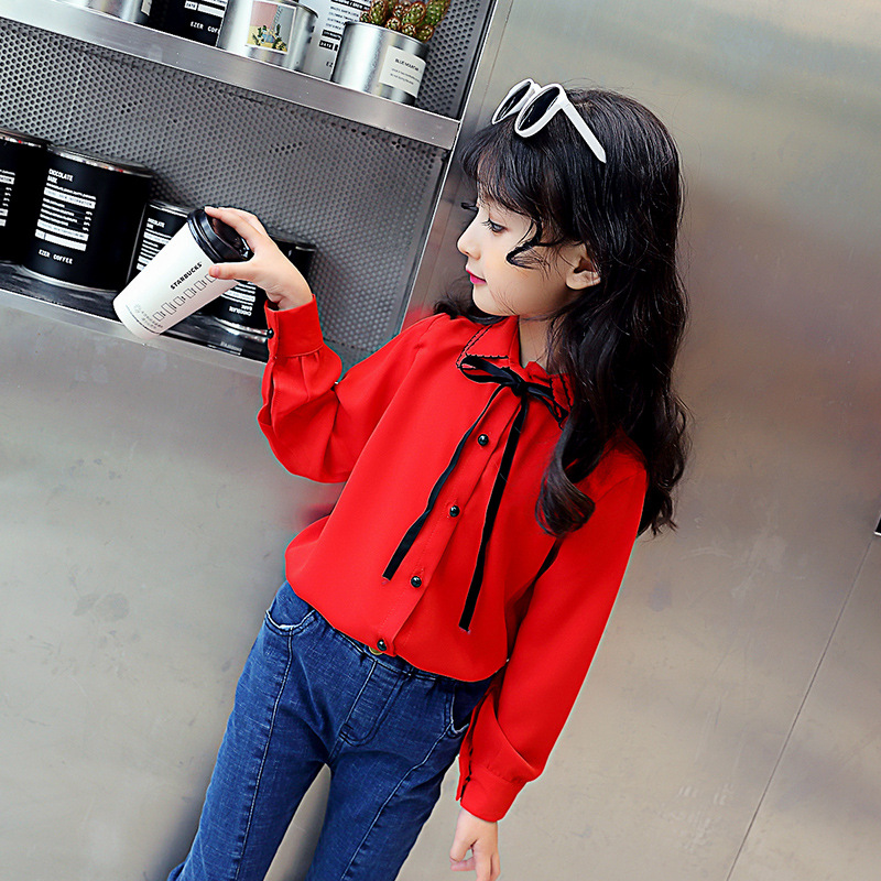 2019 spring clothes new pattern girl Lapel shirt CUHK silk ribbon Sweet jacket girl Shirt factory Direct selling