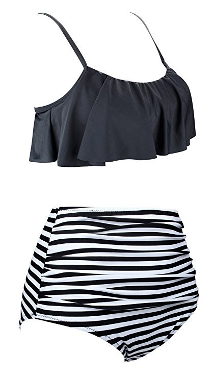 2022. gada peldkostīms ar dalītu bikini ar augstu jostasvietu ar apdruku uz pleciem, lotosa lapu malas krūšturis, bikini_voghion.com