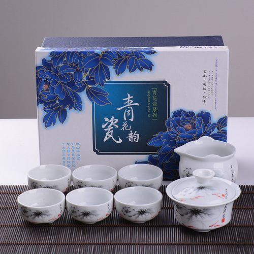 Porcelain Tea Set with Blue and White Glaze, Gift Set Manufacturer, White Porcelain Tea Set, Wholesale, Custom LOGO, Gift Boxed