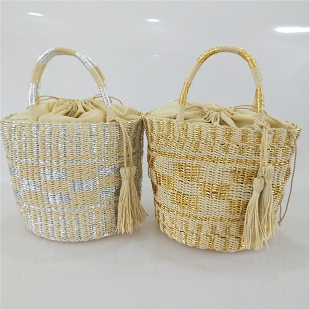 New INS Gold and Silver Bucket Braided Straw Bag Handbag Single Shoulder Bag Hand Braided Straw Bag Beach Bag