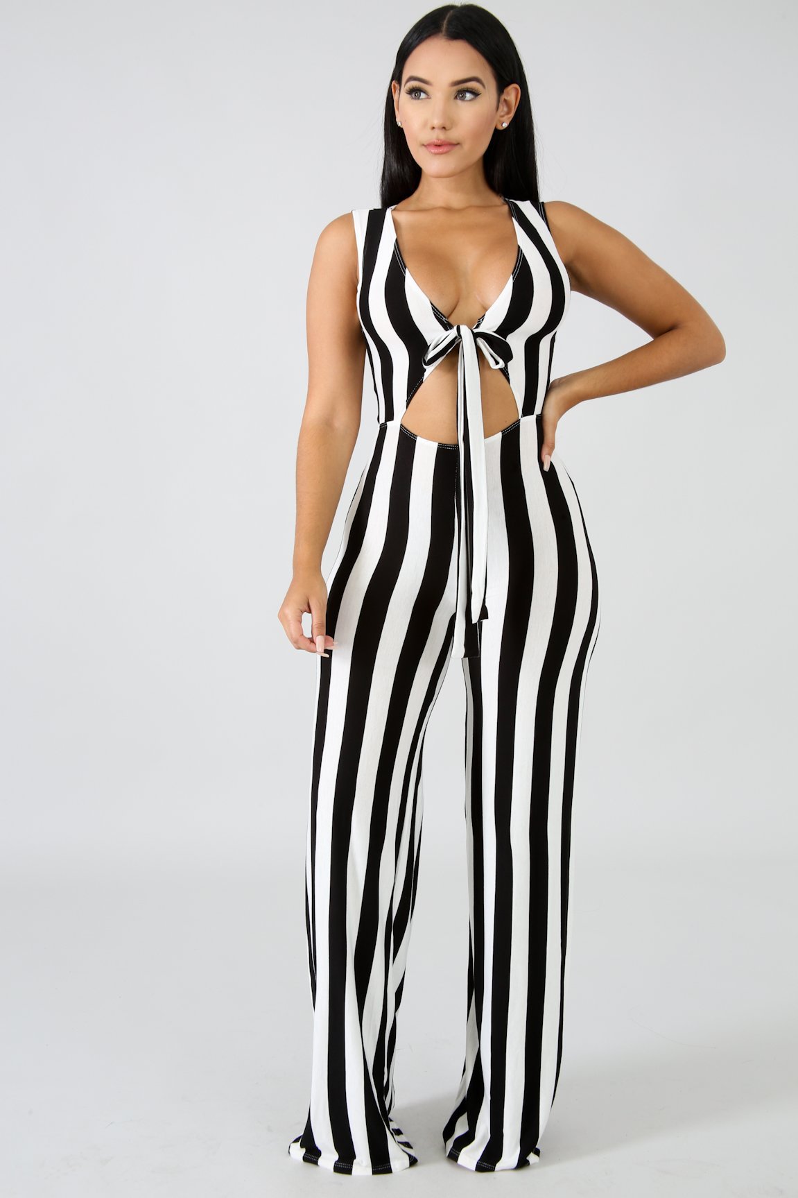 black and white striped bow jumpsuit Nihaostyles wholesale clothing vendor NSTYF72977