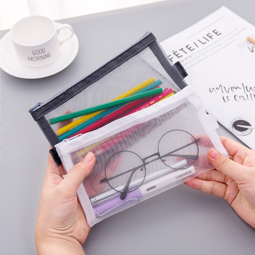 Korean creative simple transparent mesh pencil bag zipper stationery bag student exam portable large capacity pencil bag