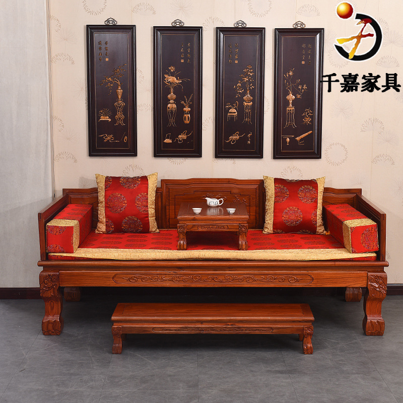 仿古羅漢床 榆木沙發床 中式家具雙人床 木質雕花床 古典結婚床