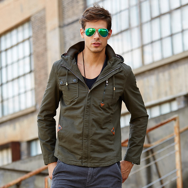 Men’s spring and autumn hooded embroidered cotton washed military coat work clothes jacket