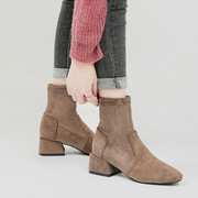 2018秋冬新款显瘦绒面短靴女中跟加绒套筒马丁靴粗跟百搭休闲女靴