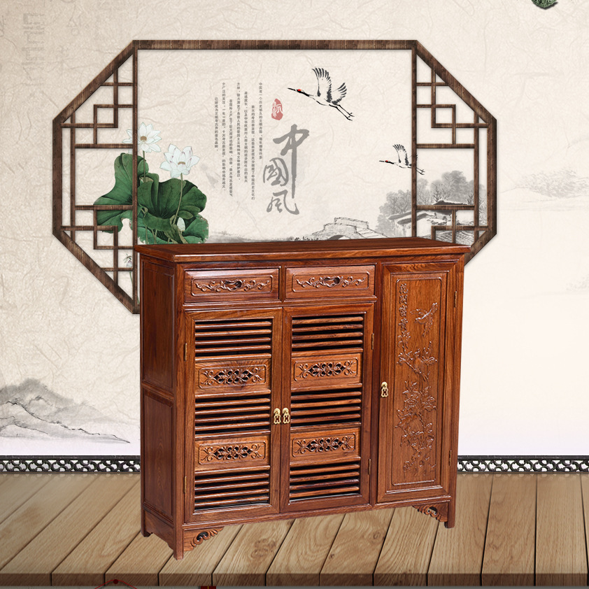 廠家直銷刺猬紫檀中典中式客廳玄關全實木收納櫃洋花三門鞋櫃