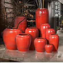 新中式红色落地大号陶瓷花瓶摆件干支陶罐花盆酒店餐厅别墅软装饰