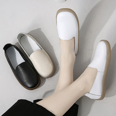 頭層牛皮新款百搭軟底軟面牛筋底舒服防滑孕婦鞋圓頭一腳蹬小白鞋