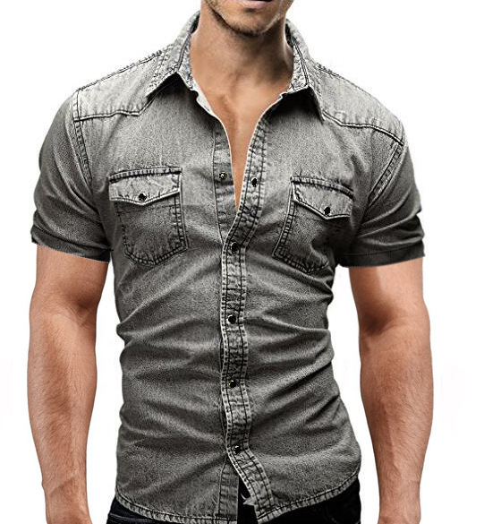 Camicia di jeans uomo a maniche corte stile europeo estiva_voghion.com