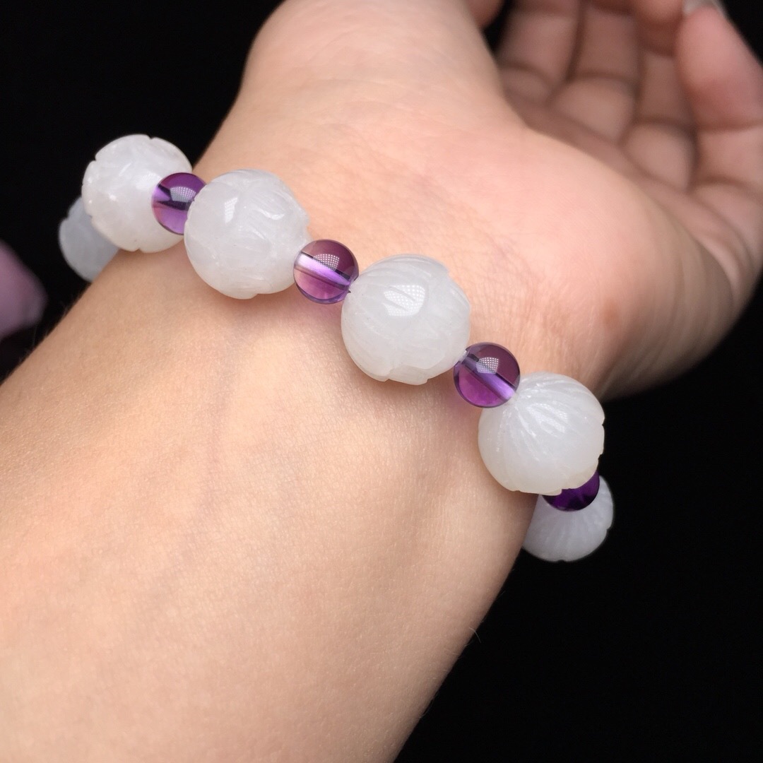 Support Identification/On behalf of Xinjiang Hetian White jade Lotus Beads Bracelet 12mm Tianbai Jade Lotus Hand string